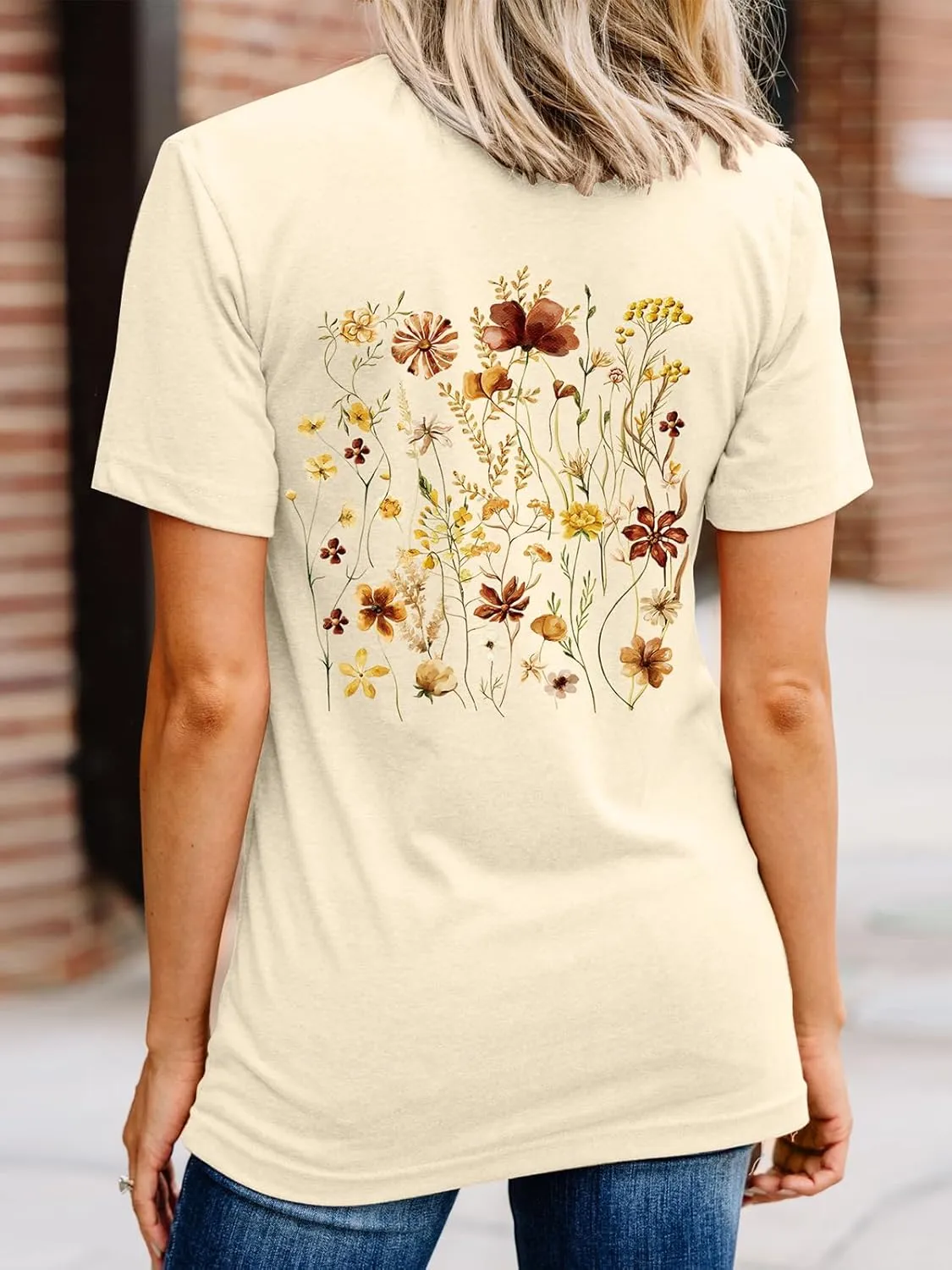 Anbech Women's Botanical Graphic Tees Boho Wildflowers Print Short Sleeve Tshirts Loose Fit