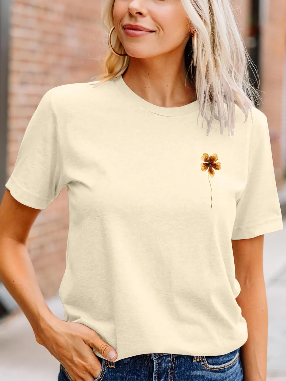 Anbech Women's Botanical Graphic Tees Boho Wildflowers Print Short Sleeve Tshirts Loose Fit