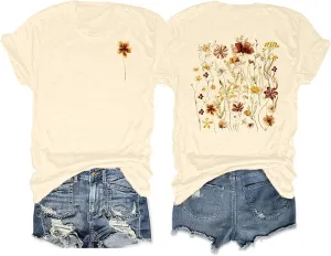 Anbech Women's Botanical Graphic Tees Boho Wildflowers Print Short Sleeve Tshirts Loose Fit