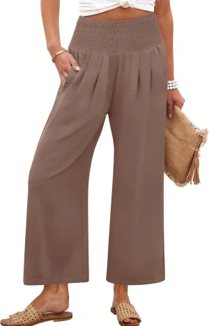 ANRABESS Womens Cropped Pants Wide Leg High Waisted Palazzo Pants Summer Flowy Beach Lounge Casual Trousers with Pockets