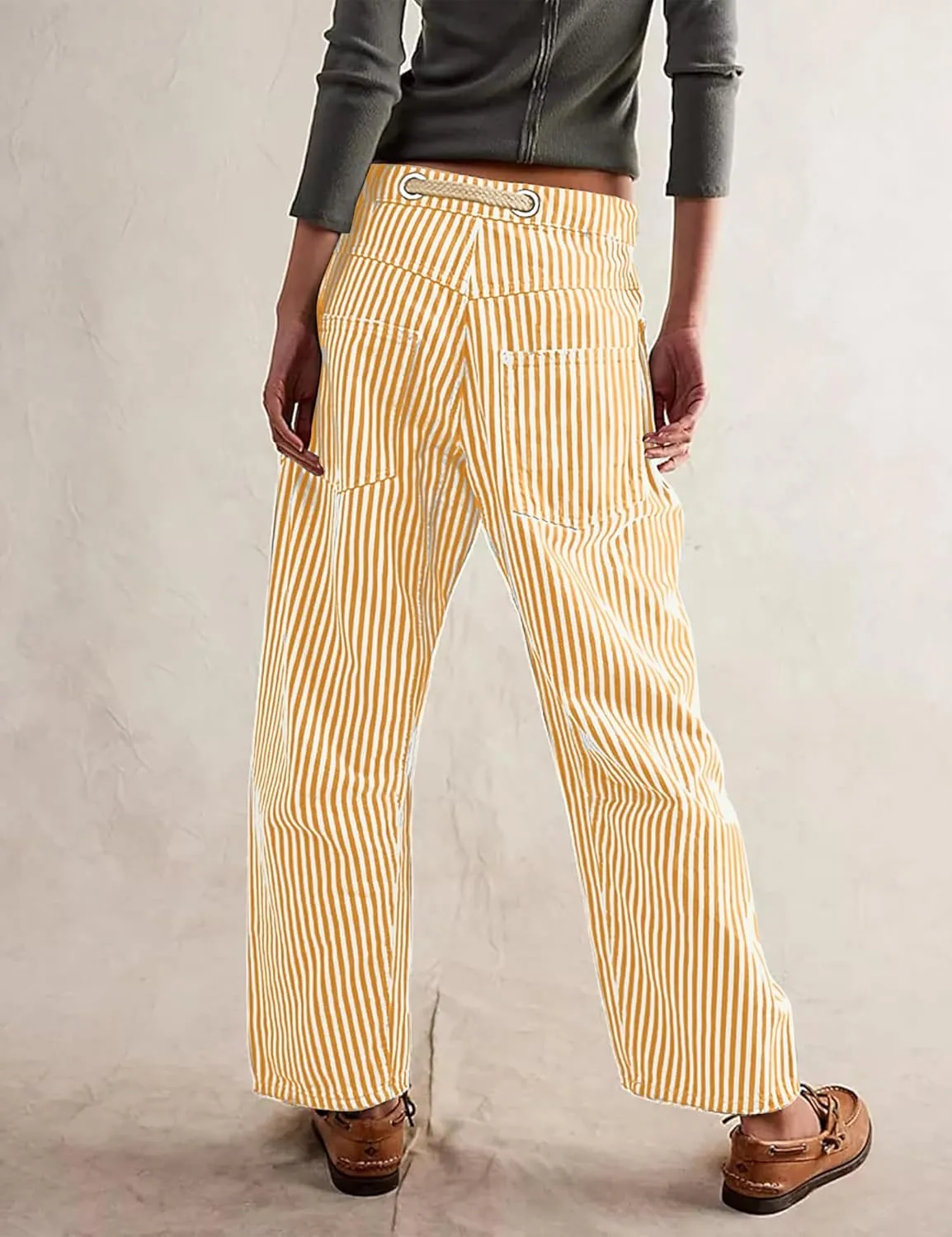 Baggy Barrel Jeans for Women Y2k Striped Drawstring High Waist Straight Wide Leg Boyfriend Jeans Mom Denim Pants