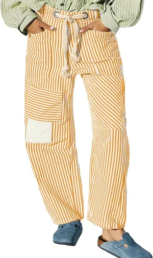 Baggy Barrel Jeans for Women Y2k Striped Drawstring High Waist Straight Wide Leg Boyfriend Jeans Mom Denim Pants