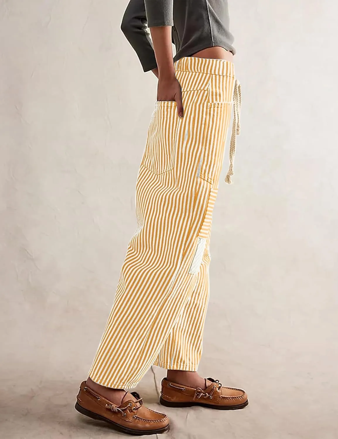Baggy Barrel Jeans for Women Y2k Striped Drawstring High Waist Straight Wide Leg Boyfriend Jeans Mom Denim Pants
