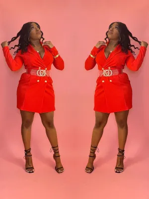 Chasing Desires Red Long Sleeve Double Breasted Gold Button Detail Blazer Tuxedo Dress