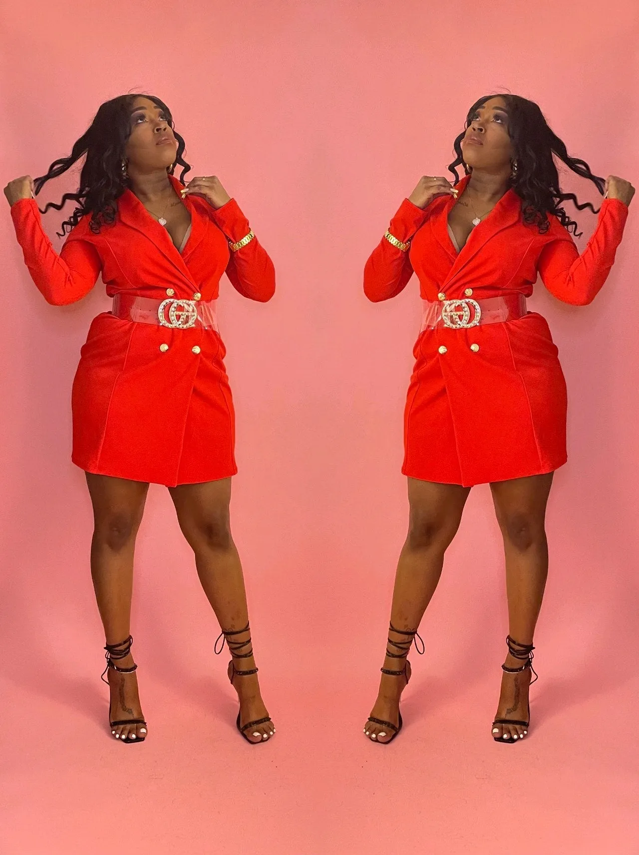 Chasing Desires Red Long Sleeve Double Breasted Gold Button Detail Blazer Tuxedo Dress