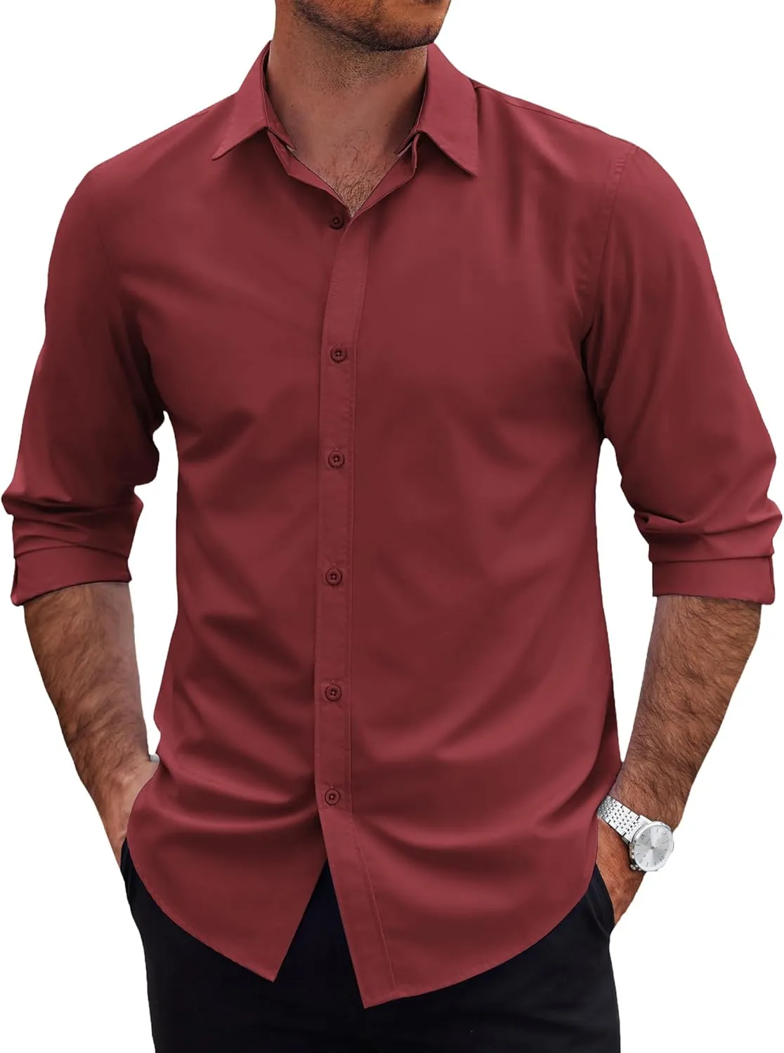 COOFANDY Mens 2-in-1 Dress Shirts Detachable Collar Long Sleeve Wrinkle Free Shirt Business Casual Button Down Shirt