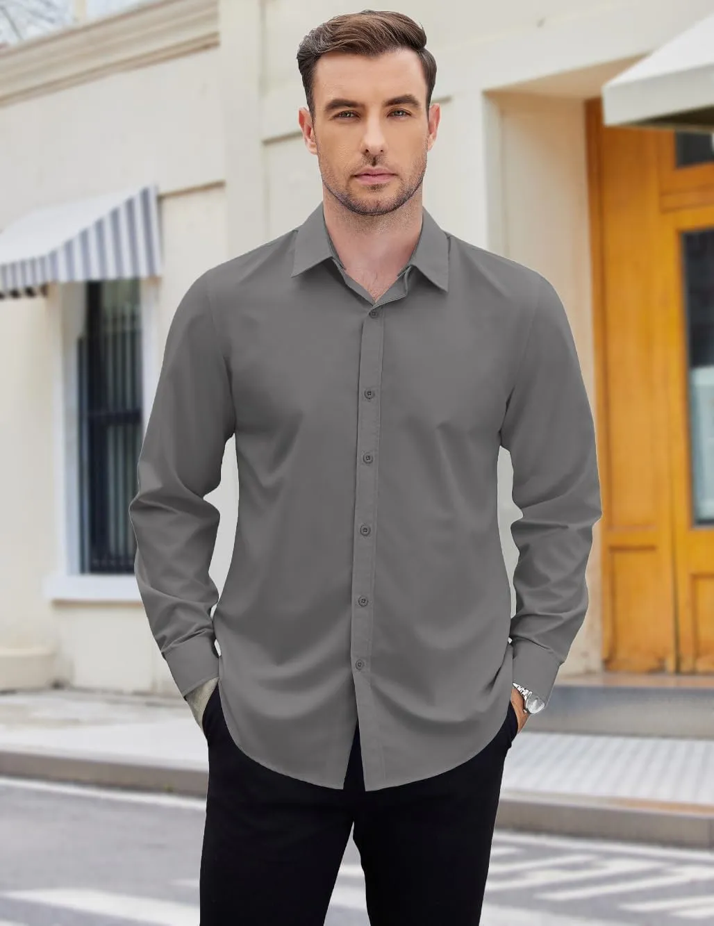 COOFANDY Mens 2-in-1 Dress Shirts Detachable Collar Long Sleeve Wrinkle Free Shirt Business Casual Button Down Shirt