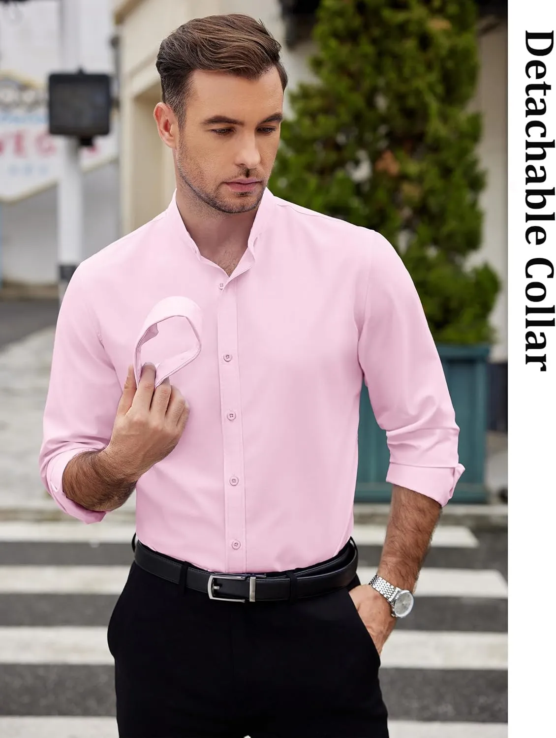 COOFANDY Mens 2-in-1 Dress Shirts Detachable Collar Long Sleeve Wrinkle Free Shirt Business Casual Button Down Shirt