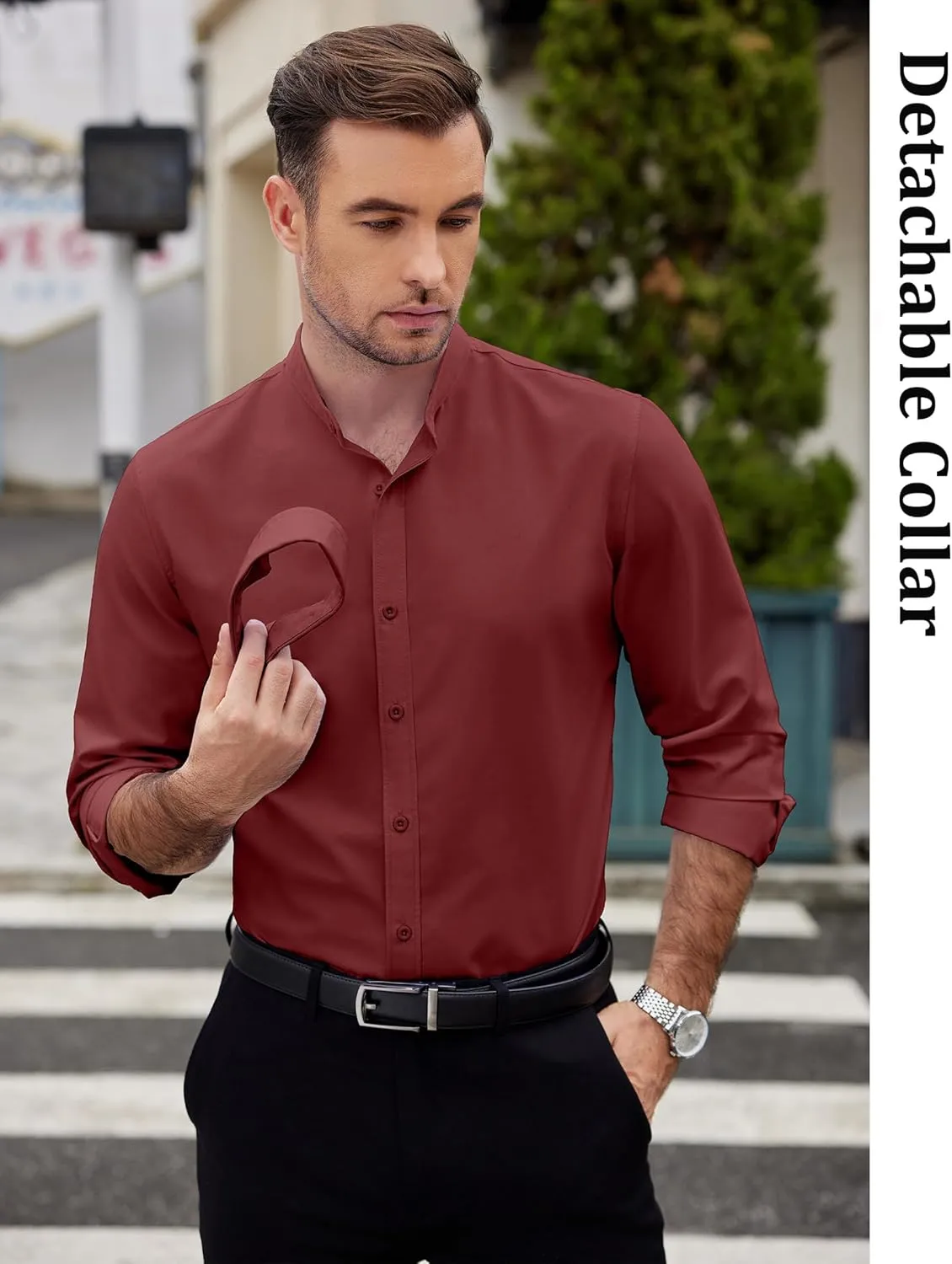 COOFANDY Mens 2-in-1 Dress Shirts Detachable Collar Long Sleeve Wrinkle Free Shirt Business Casual Button Down Shirt