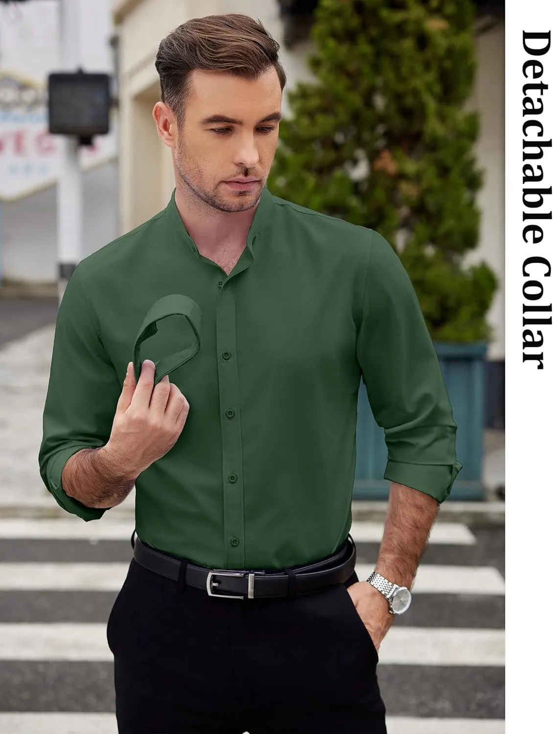 COOFANDY Mens 2-in-1 Dress Shirts Detachable Collar Long Sleeve Wrinkle Free Shirt Business Casual Button Down Shirt