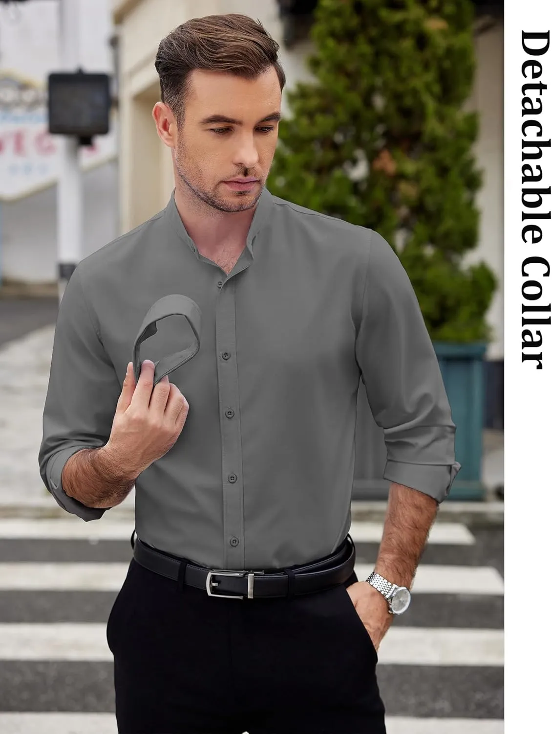 COOFANDY Mens 2-in-1 Dress Shirts Detachable Collar Long Sleeve Wrinkle Free Shirt Business Casual Button Down Shirt