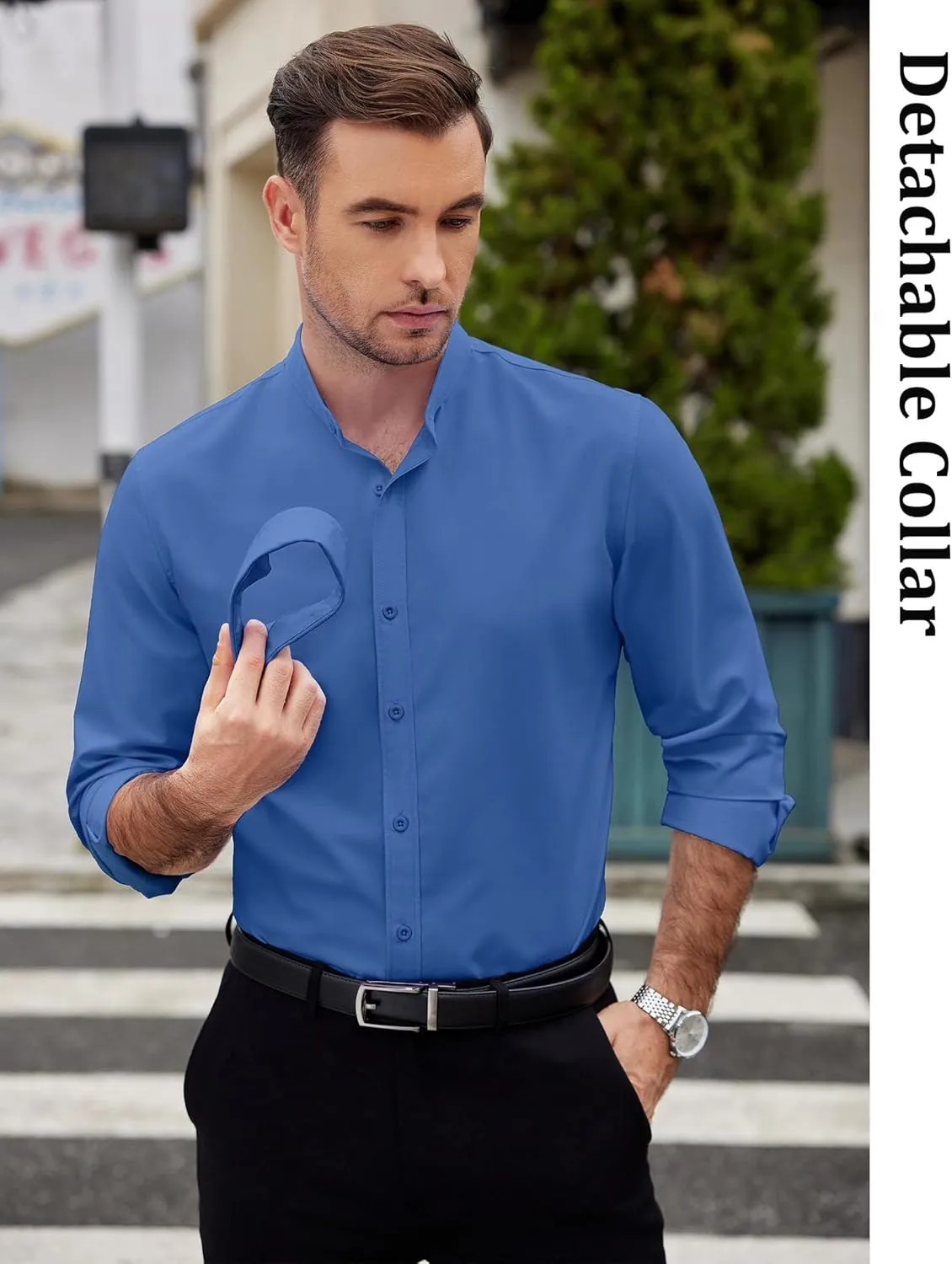 COOFANDY Mens 2-in-1 Dress Shirts Detachable Collar Long Sleeve Wrinkle Free Shirt Business Casual Button Down Shirt