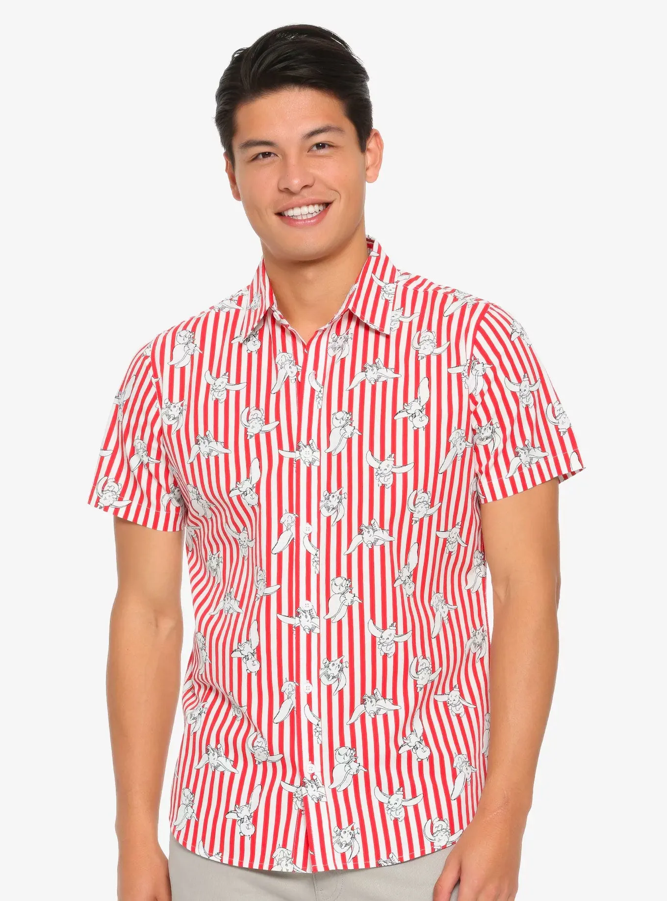 Disney Dumbo Allover Print Unisex Red Striped Cotton Woven Button-Up Shirt Top