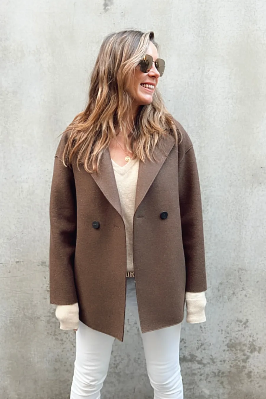 Dropped Shoulder Double Breasted Jacket Teddy Brown