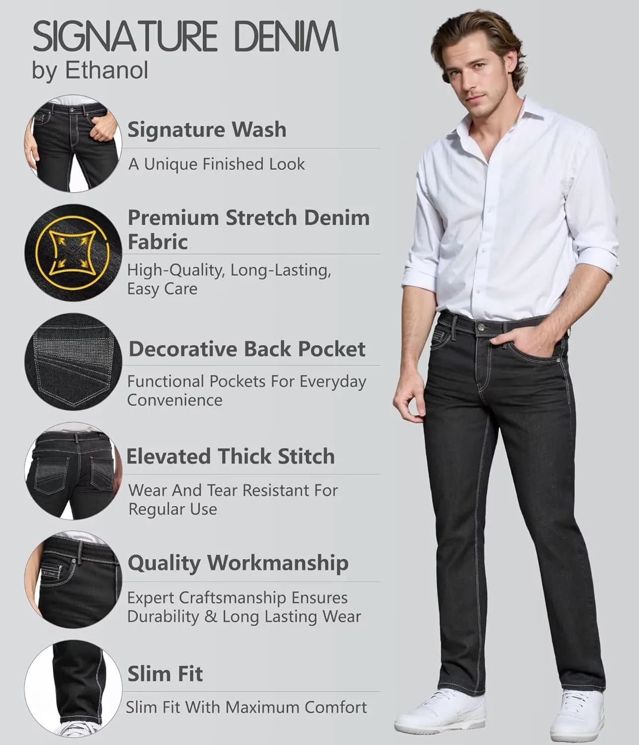 ETHANOL Men's Slim Hyper Stretch Classic Straight Leg Denim Jeans