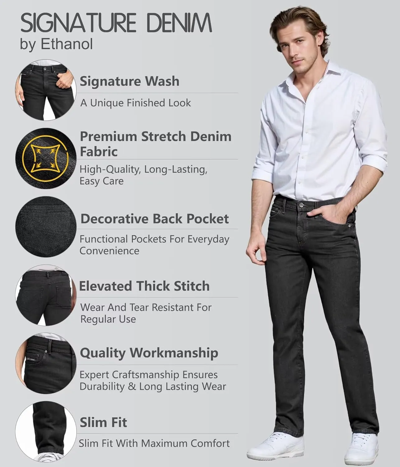 ETHANOL Men's Slim Hyper Stretch Classic Straight Leg Denim Jeans