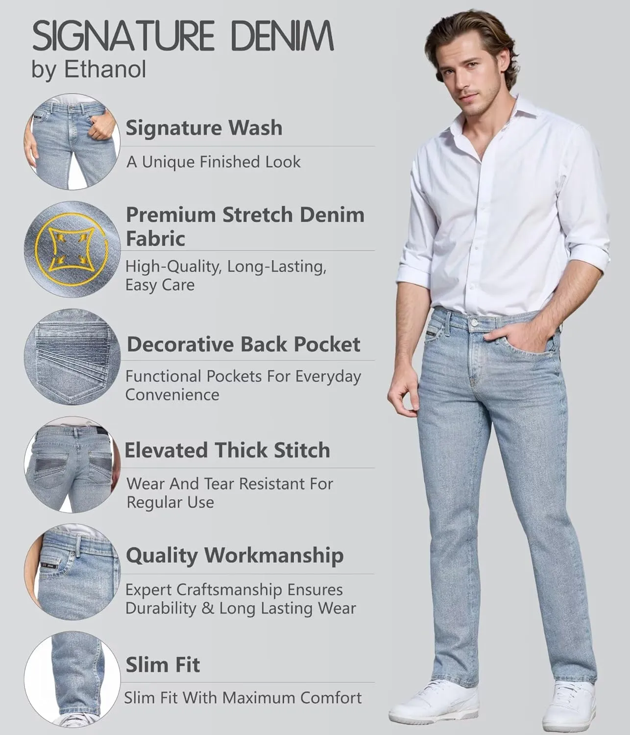 ETHANOL Men's Slim Hyper Stretch Classic Straight Leg Denim Jeans