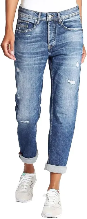 Flamingals Straight Leg Mid Rise Boyfriend Ripped Roll Hem Denim Jeans