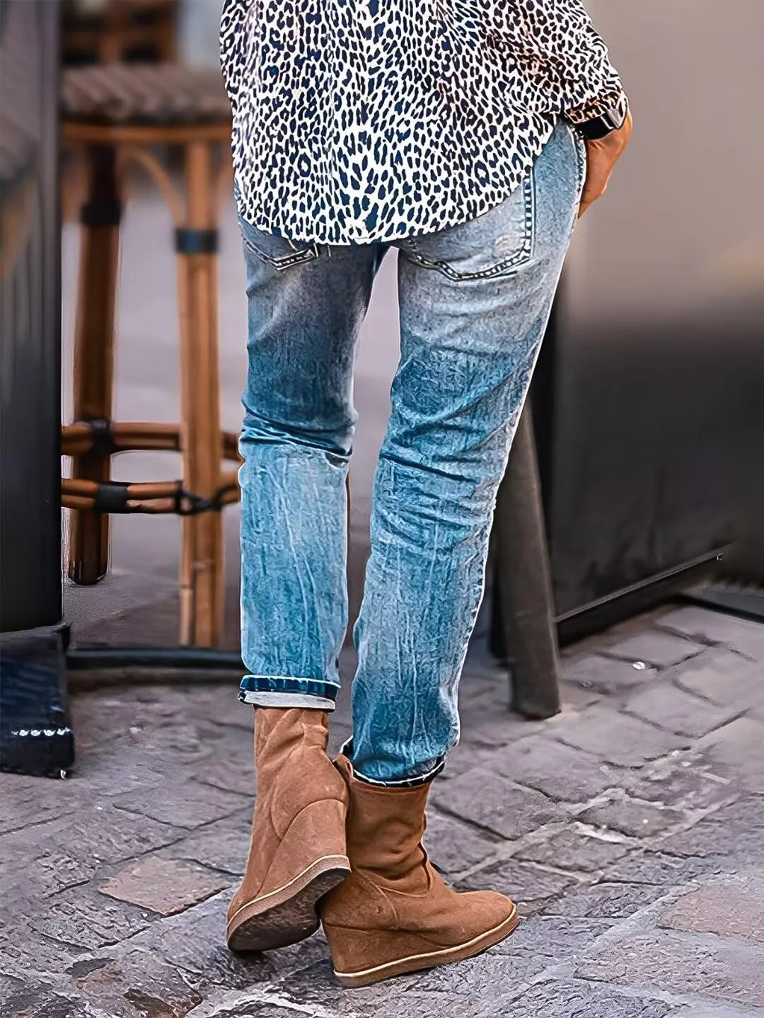 Flamingals Straight Leg Mid Waist Casual Roll Hem Denim Cropped Jeans Without Belt