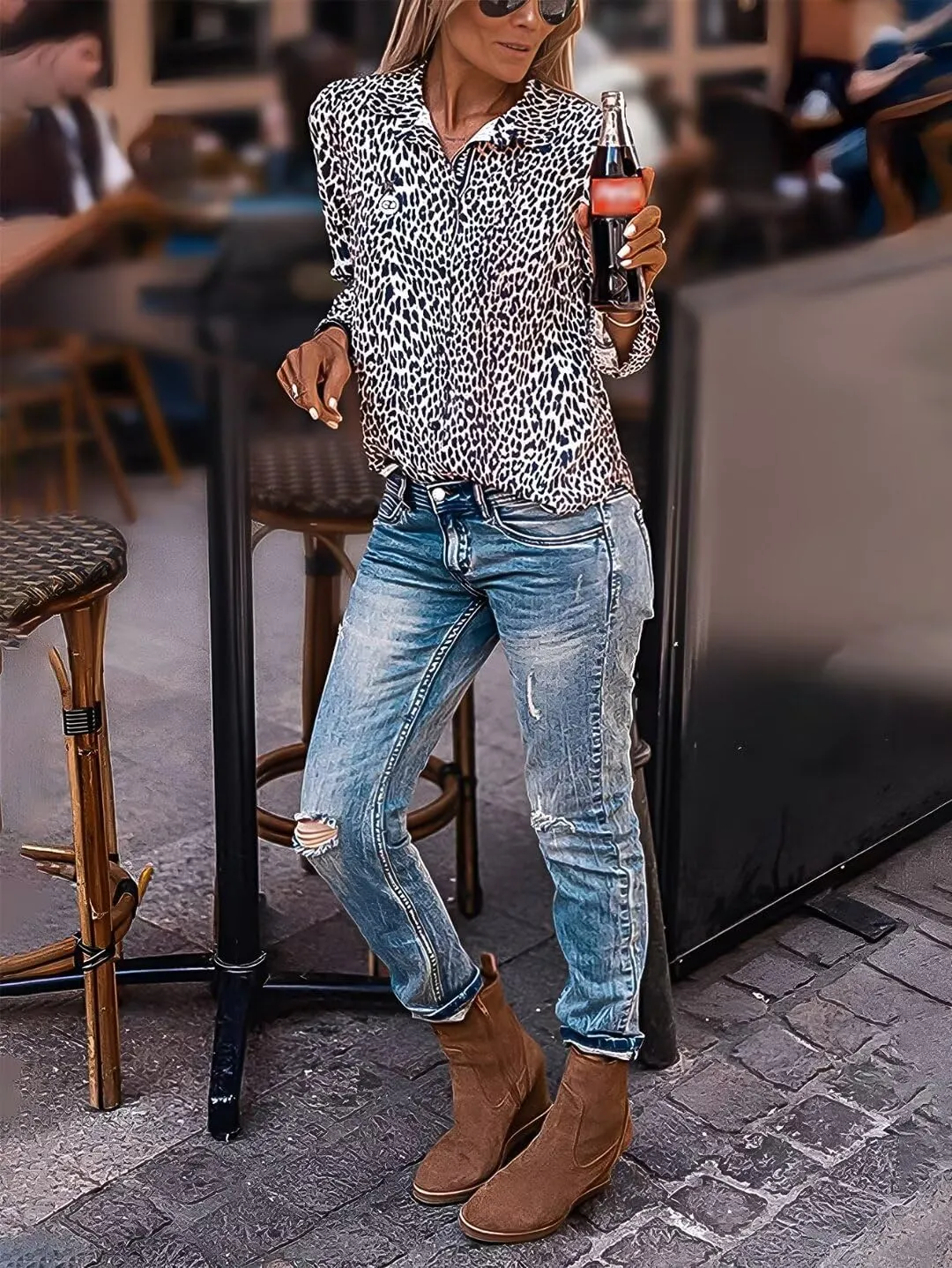 Flamingals Straight Leg Mid Waist Casual Roll Hem Denim Cropped Jeans Without Belt