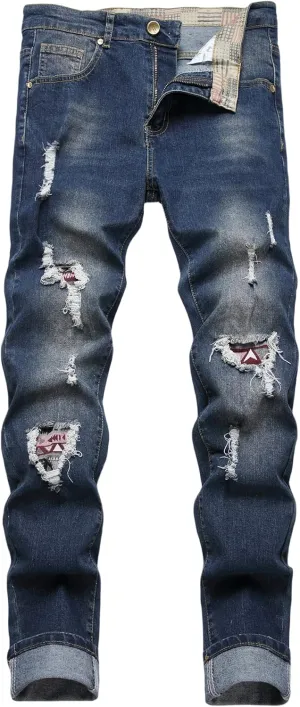 FREDD MARSHALL Men's Skinny Slim Fit Ripped Distressed Stretch Jeans Pants