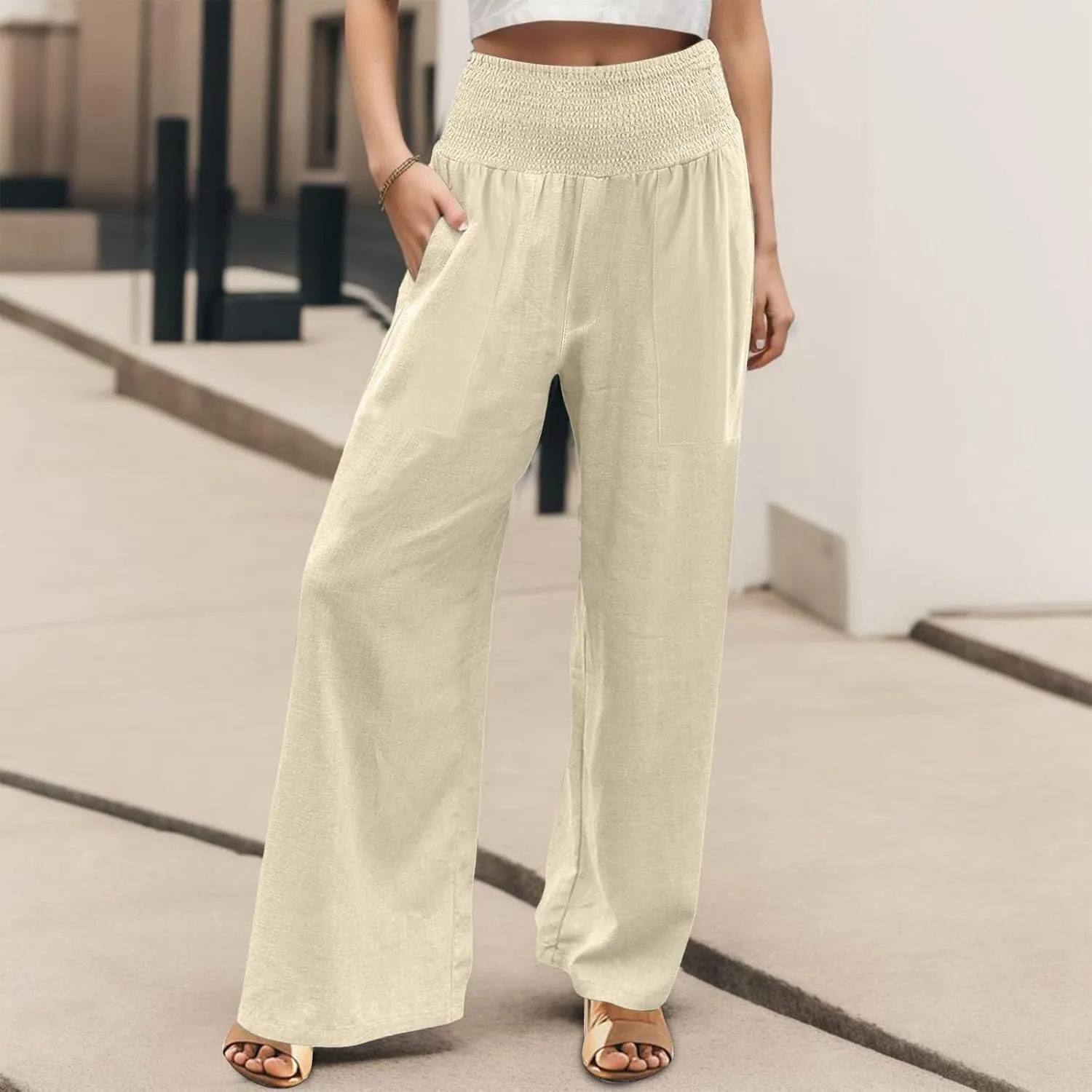 GIERIDUC Women's Wide Leg Palazzo Pants High Elastic Waist Casual Work Pants Summer Beach Flowy Dress Trousers with Pockets
