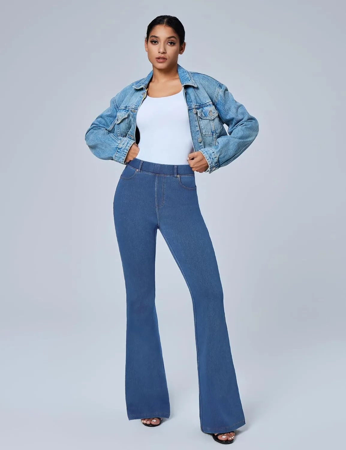 IUGA Bell Bottom Jeans for Women High Waisted Stretchy Pull On Flare Jeans Wide Leg Leggings Tummy Control Flare Pants