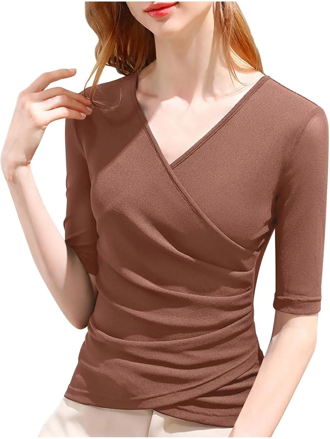 jovati Womens Casual V-Neck T-shirt Fashion Versatile Solid Short Sleeve Tunic Tops Loose Fit Comfy Elegant Blouse 2024