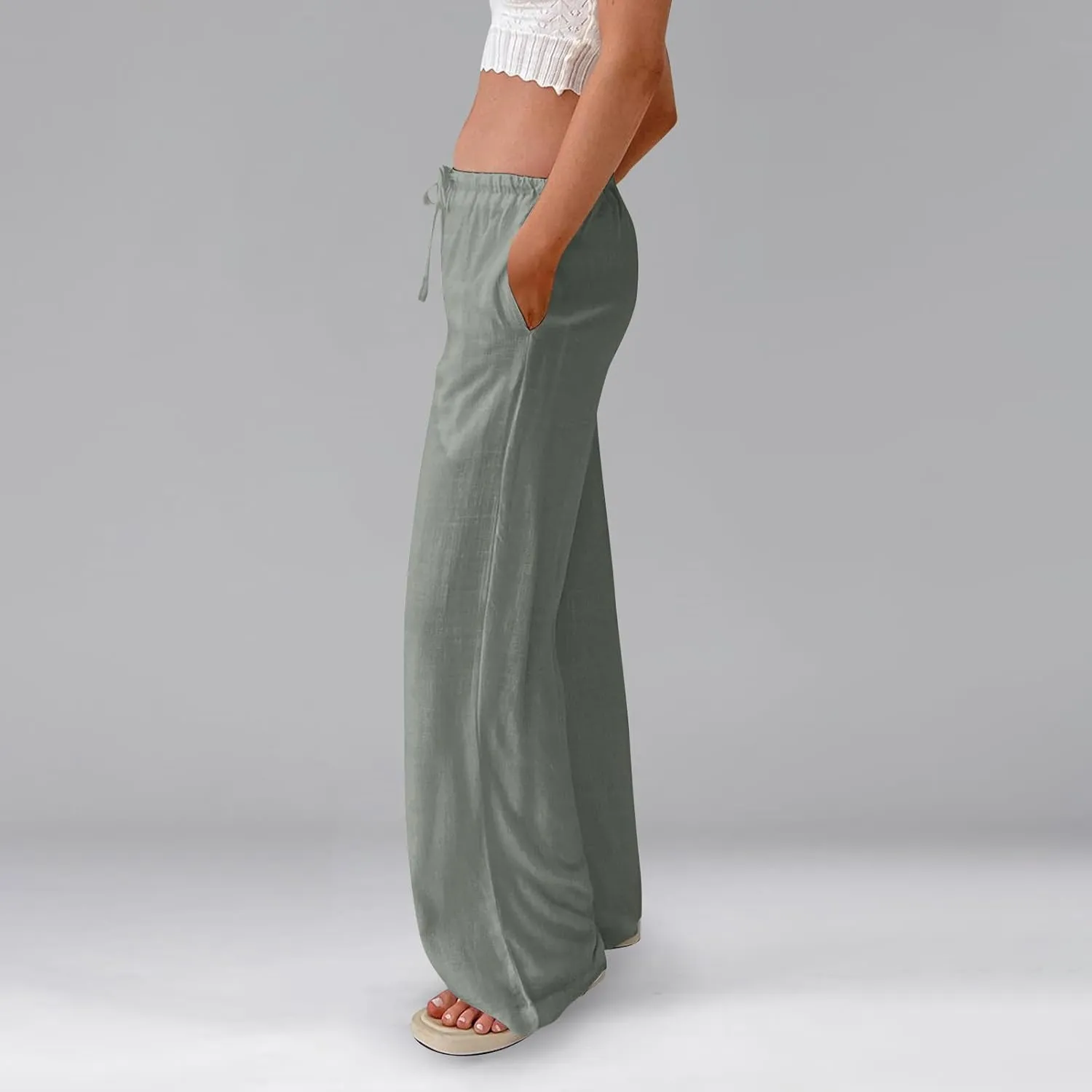 Ladies Linen Pants Summer Drawstring High Waist Wide Pants Palazzo Pant Casual Tummy Control Trousers with Pockets