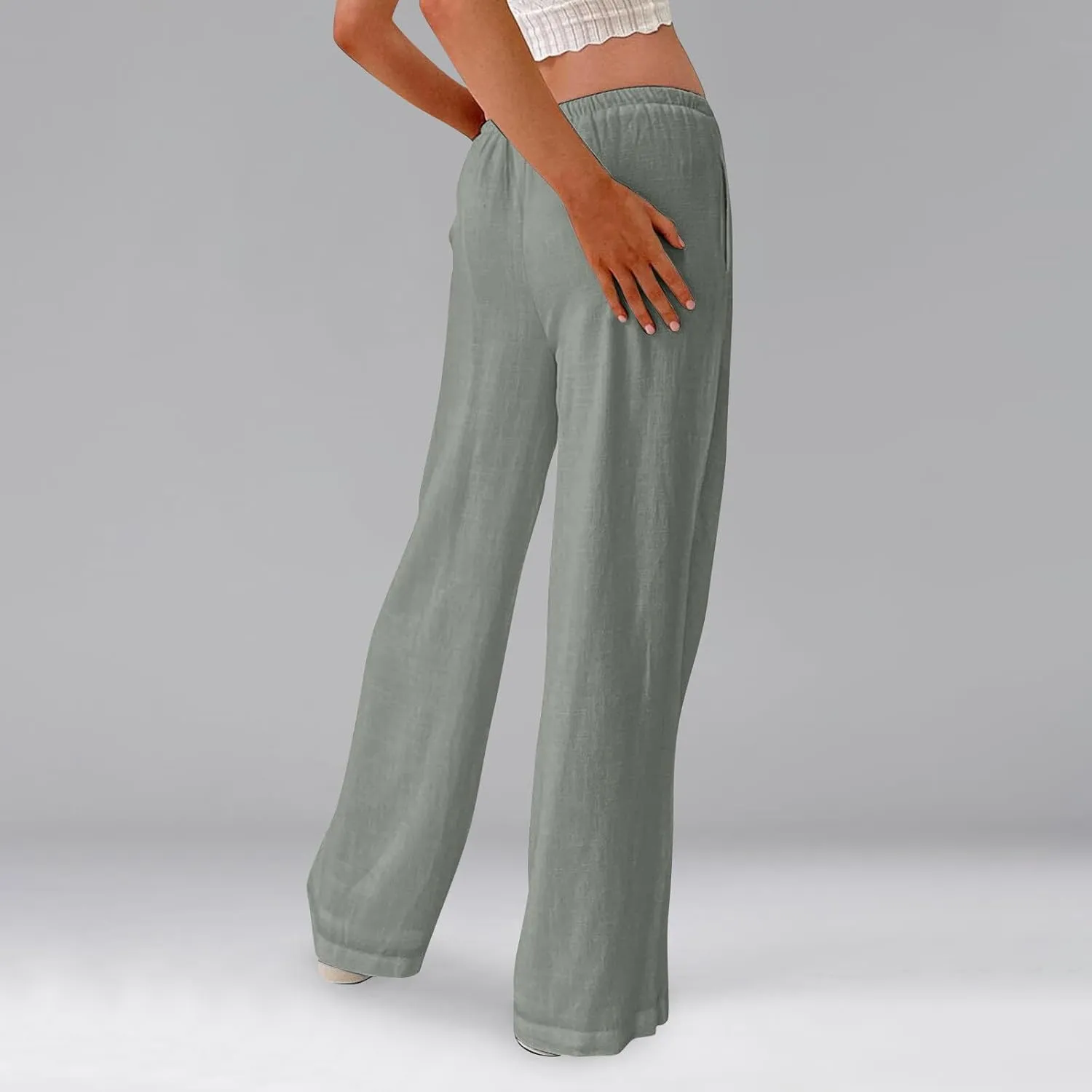 Ladies Linen Pants Summer Drawstring High Waist Wide Pants Palazzo Pant Casual Tummy Control Trousers with Pockets