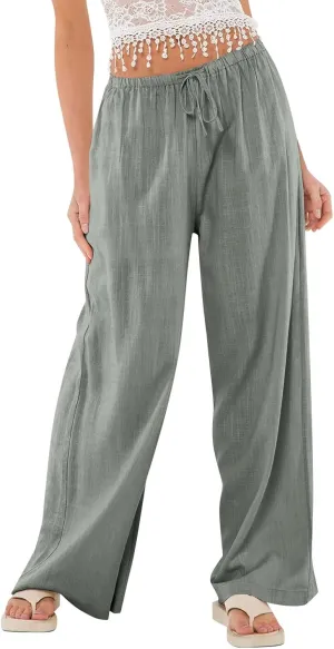 Ladies Linen Pants Summer Drawstring High Waist Wide Pants Palazzo Pant Casual Tummy Control Trousers with Pockets