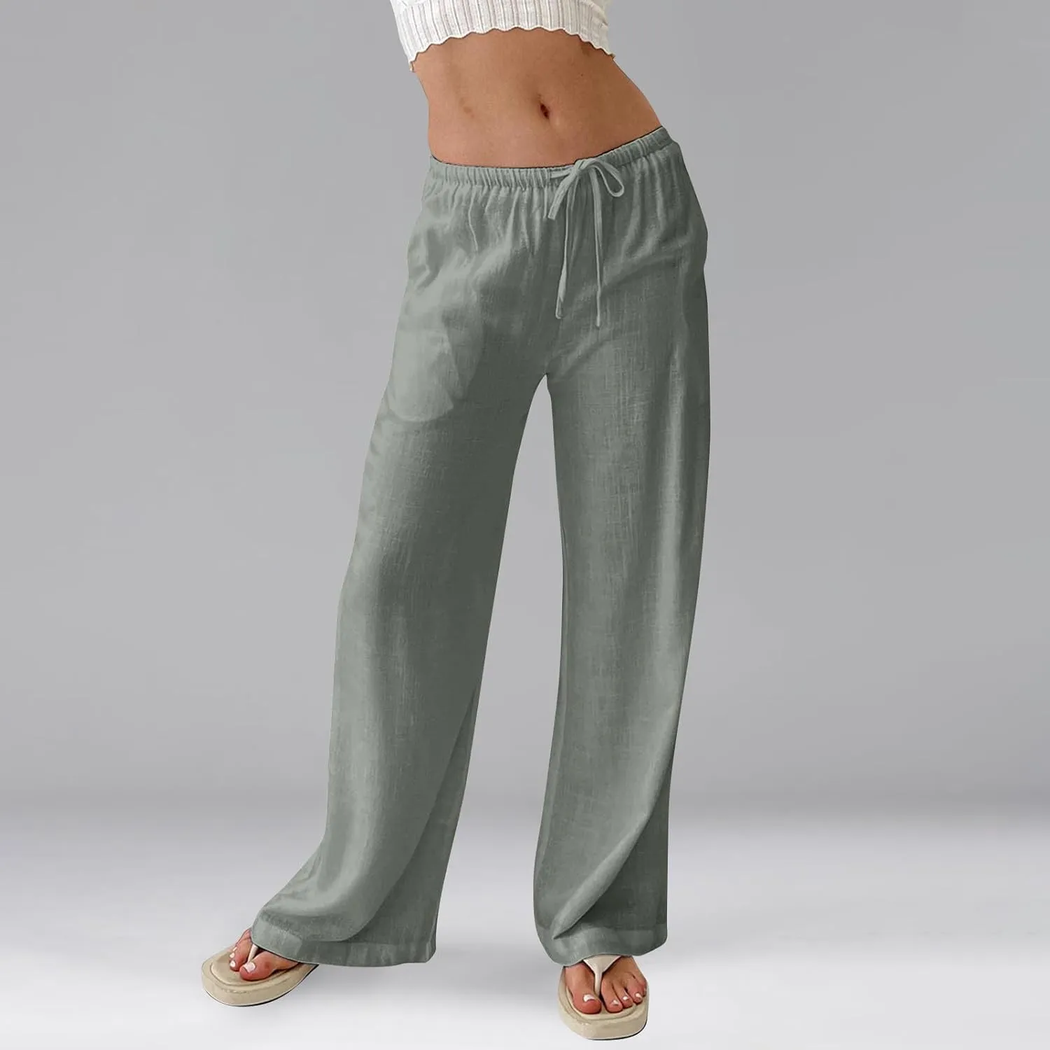 Ladies Linen Pants Summer Drawstring High Waist Wide Pants Palazzo Pant Casual Tummy Control Trousers with Pockets