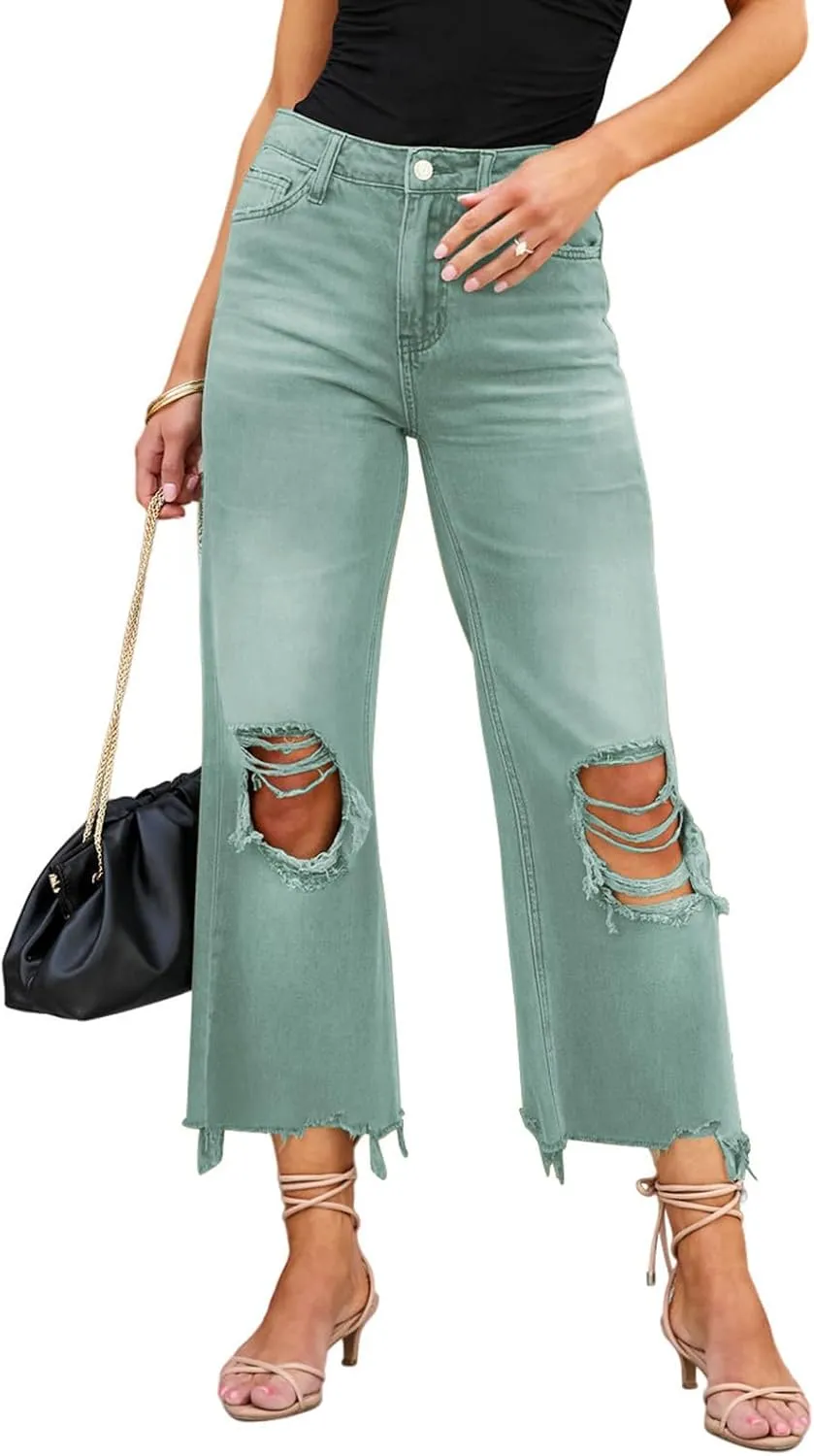 LOLONG High Waisted Ripped Flare Jeans for Women Casual Distressed Pants