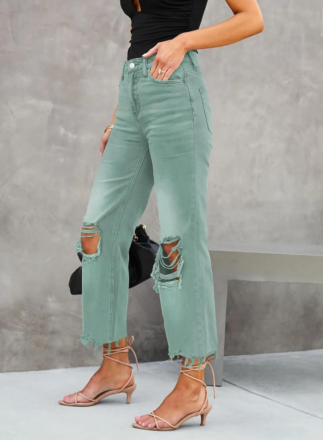 LOLONG High Waisted Ripped Flare Jeans for Women Casual Distressed Pants