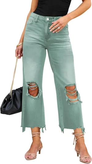 LOLONG High Waisted Ripped Flare Jeans for Women Casual Distressed Pants