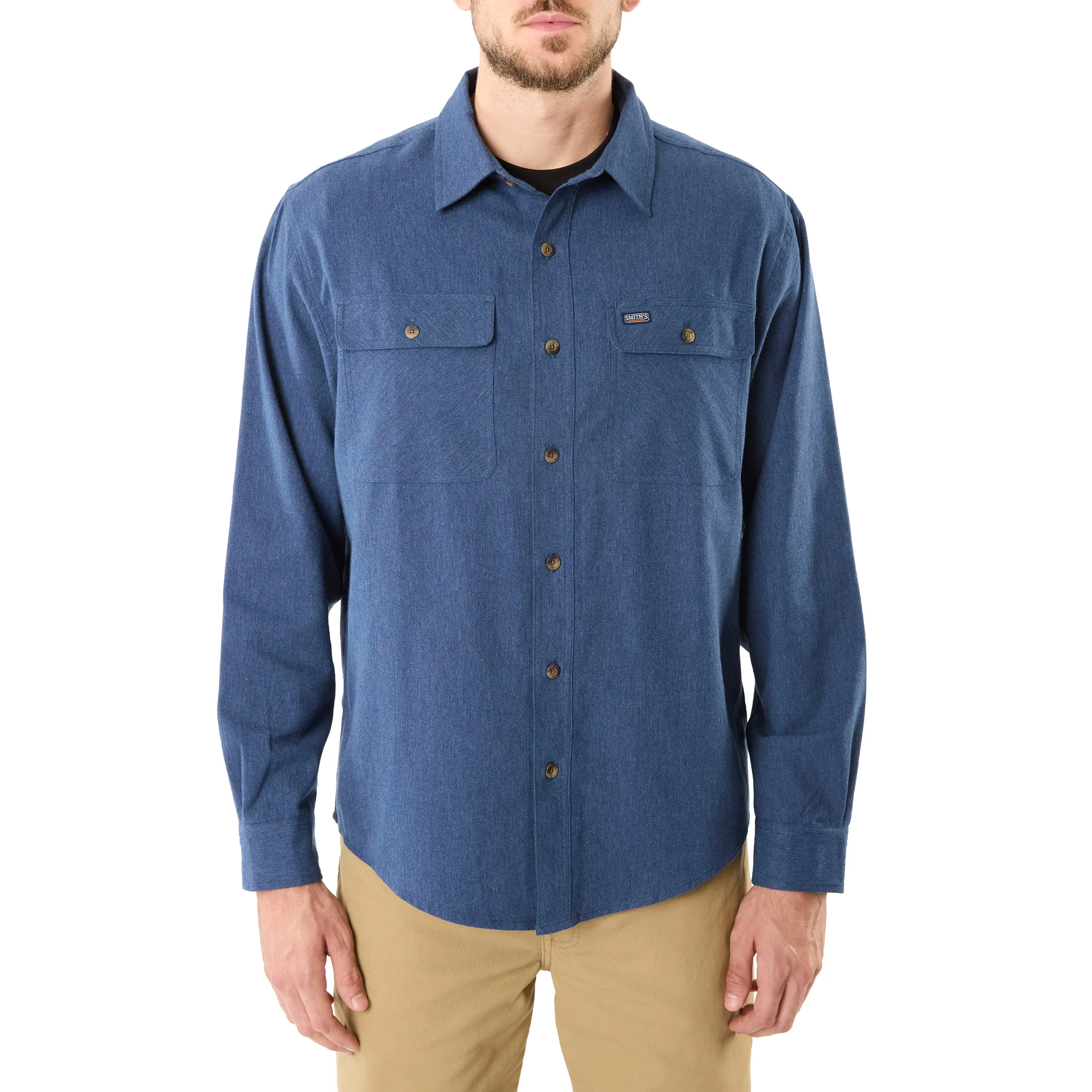LONG SLEEVE SOLID HTR FLANNEL SHIRT W/DOUBLE CHEST PKTS