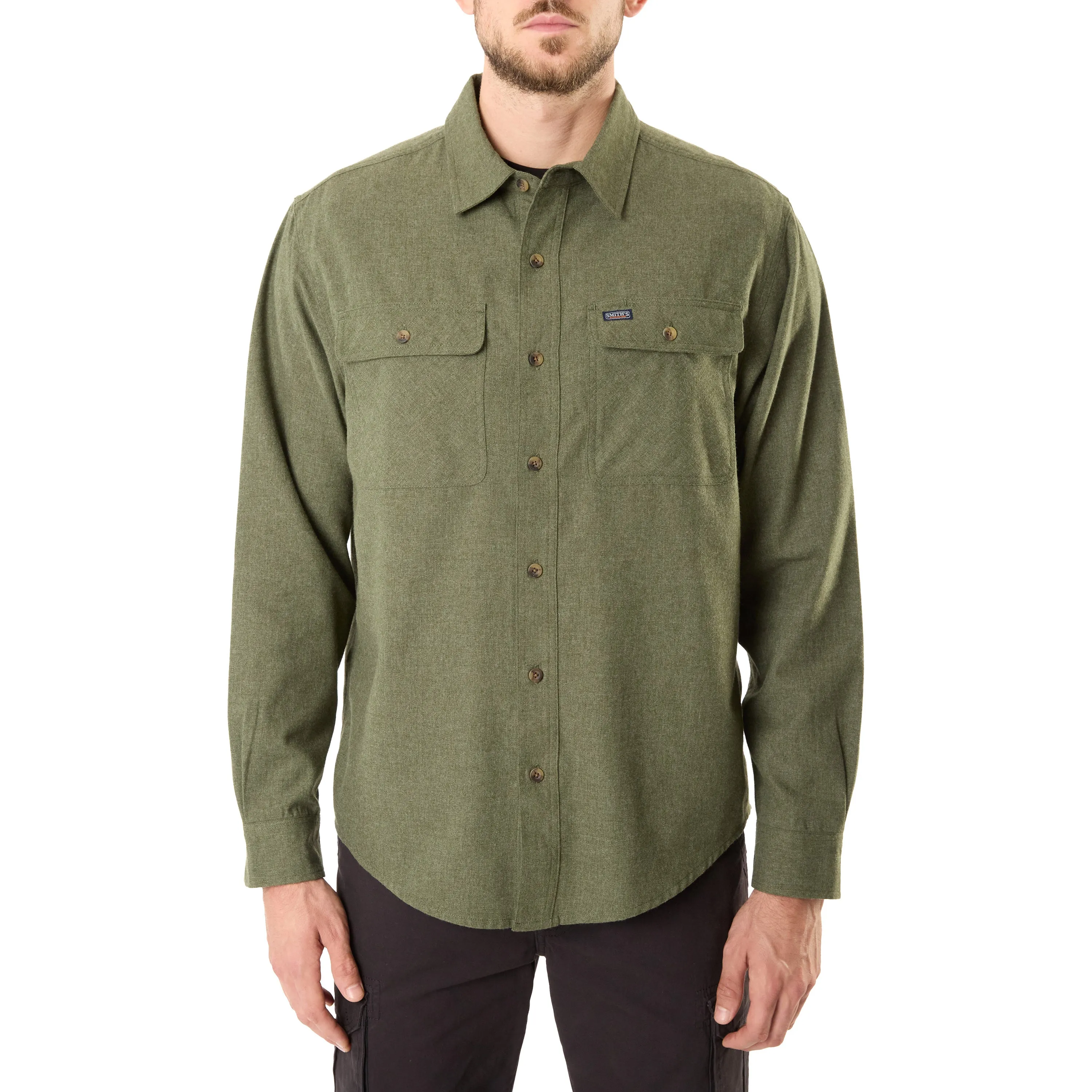 LONG SLEEVE SOLID HTR FLANNEL SHIRT W/DOUBLE CHEST PKTS