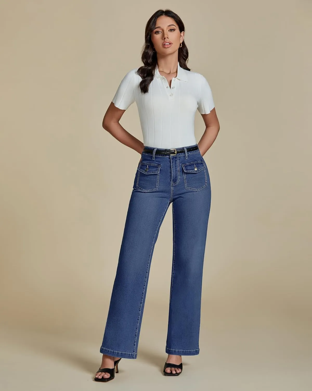 luvamia Wide Leg Jeans Woman High Waisted Trendy Stretchy Denim Work Trouser Jeans with Retro Button Flap Patch Pockets