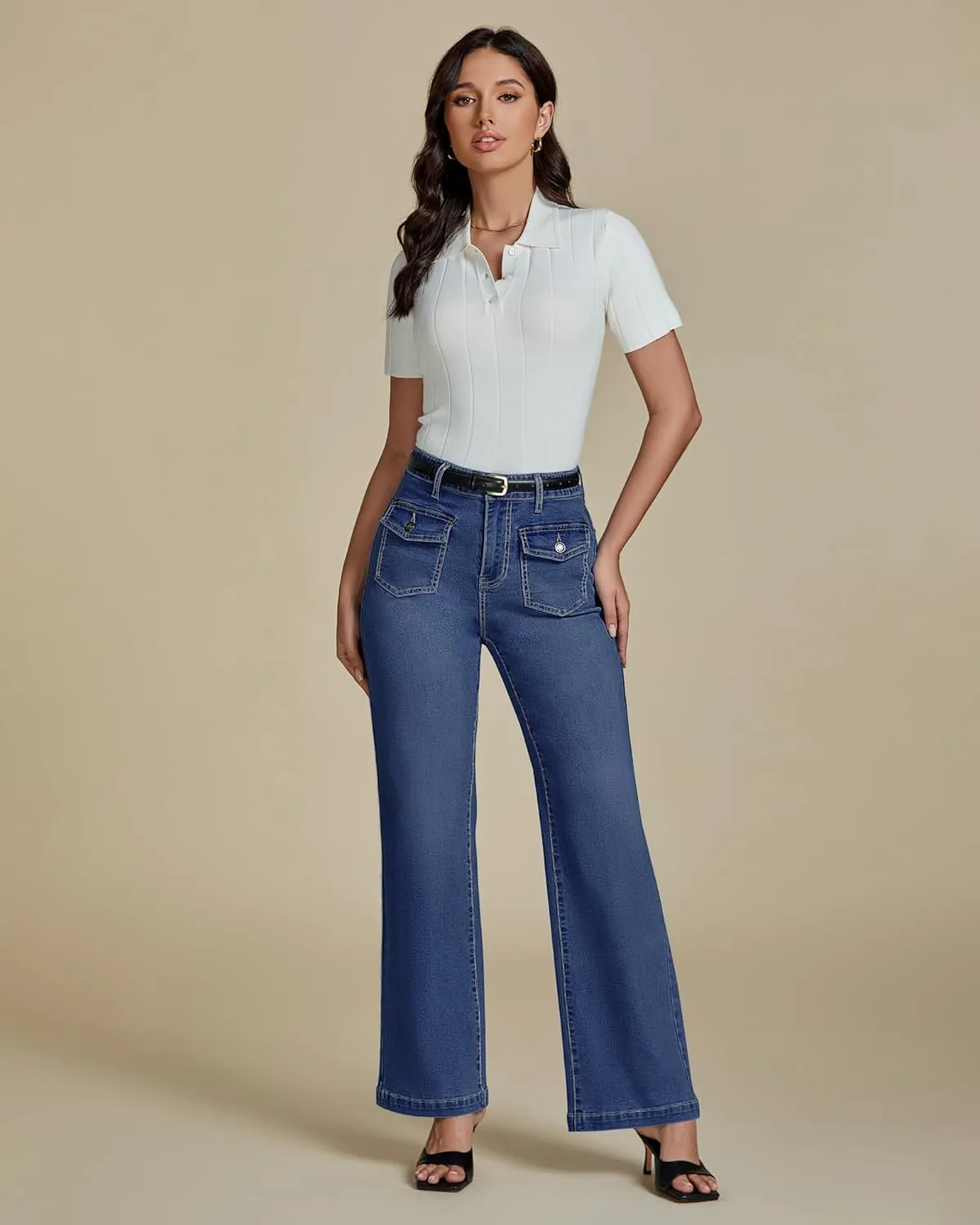 luvamia Wide Leg Jeans Woman High Waisted Trendy Stretchy Denim Work Trouser Jeans with Retro Button Flap Patch Pockets