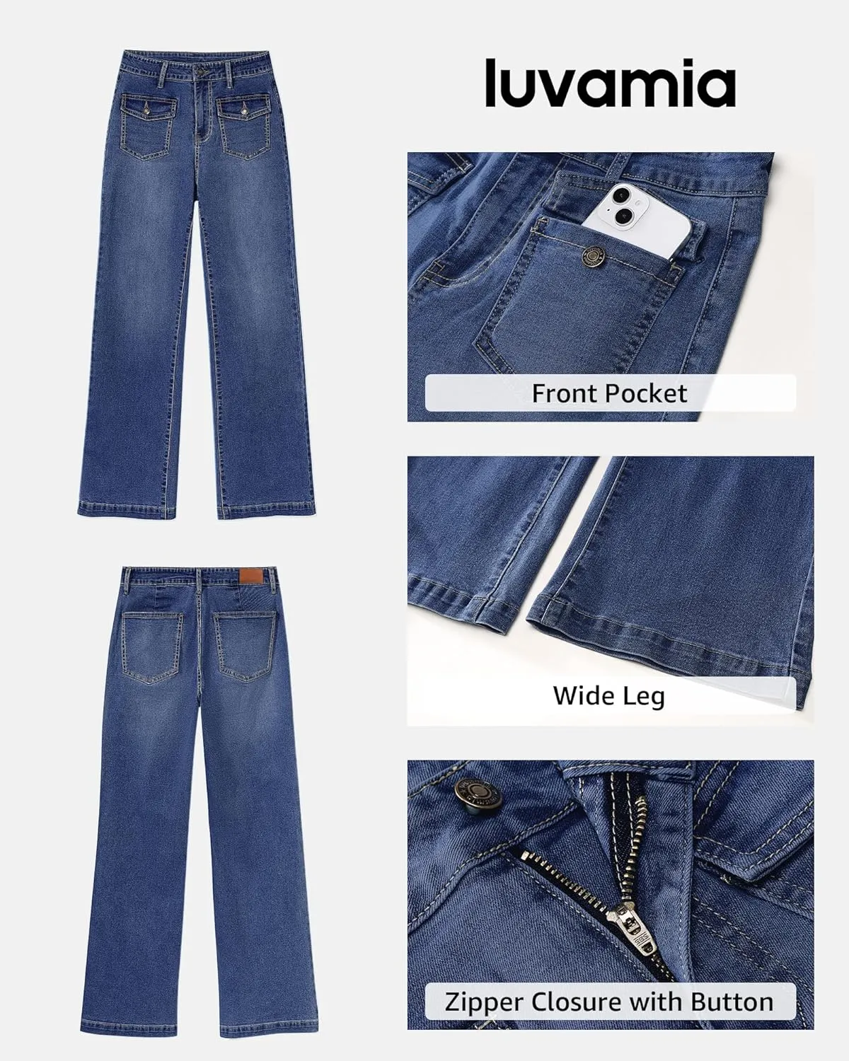luvamia Wide Leg Jeans Woman High Waisted Trendy Stretchy Denim Work Trouser Jeans with Retro Button Flap Patch Pockets