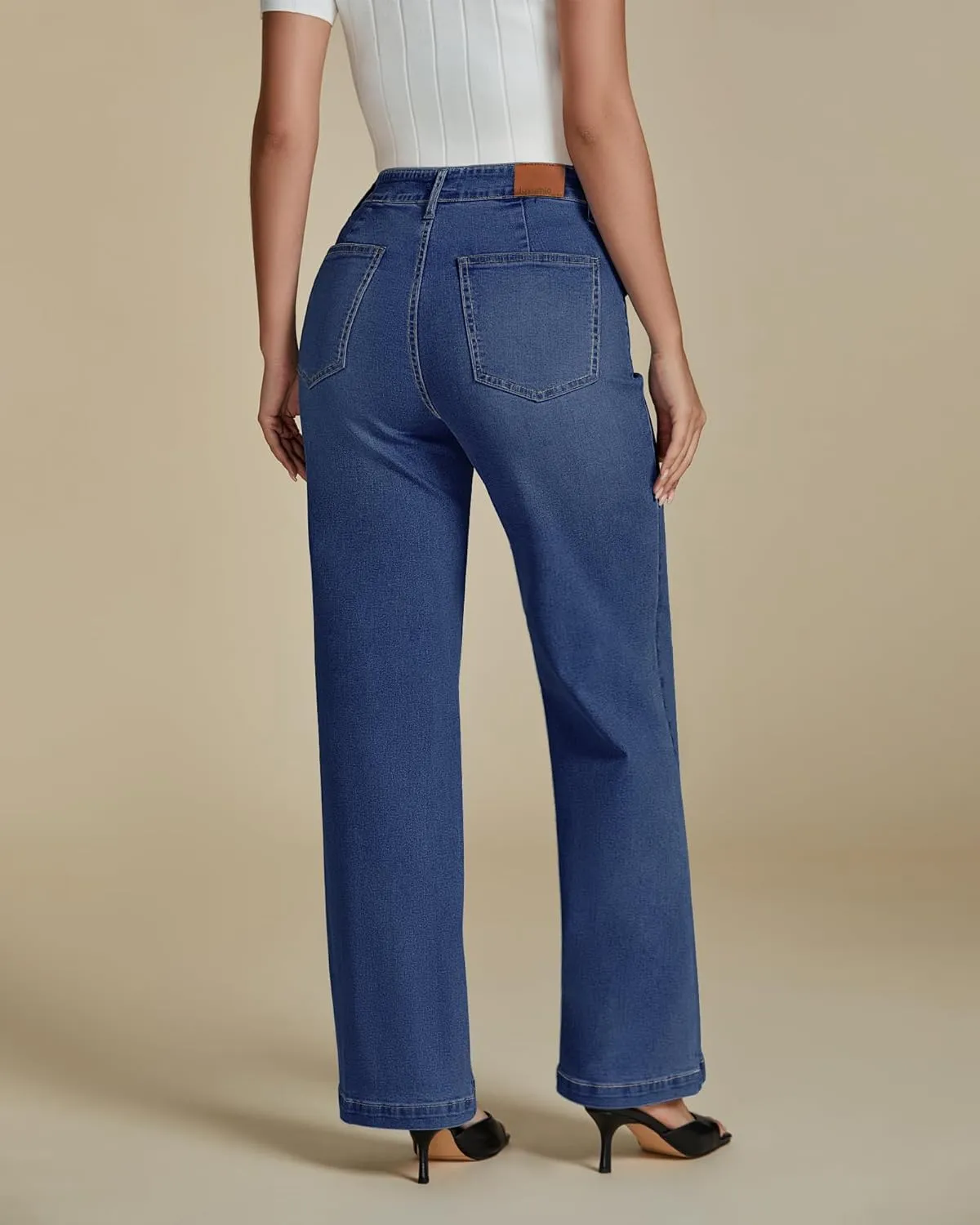 luvamia Wide Leg Jeans Woman High Waisted Trendy Stretchy Denim Work Trouser Jeans with Retro Button Flap Patch Pockets