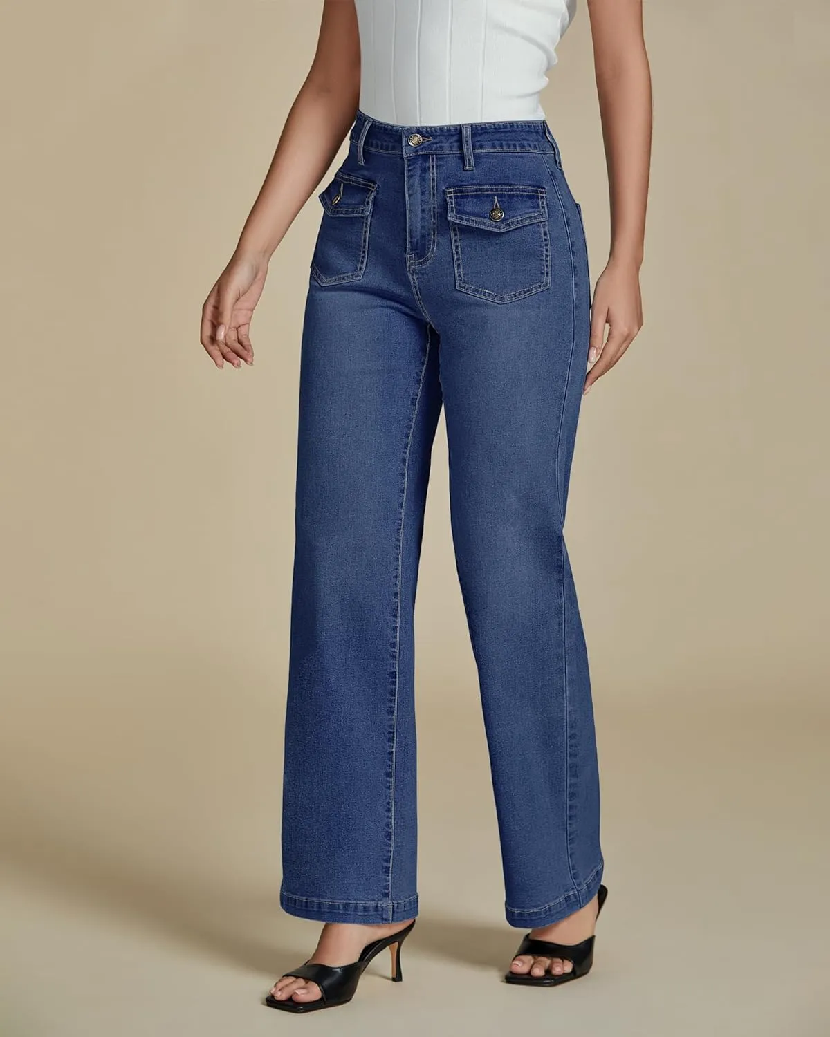 luvamia Wide Leg Jeans Woman High Waisted Trendy Stretchy Denim Work Trouser Jeans with Retro Button Flap Patch Pockets