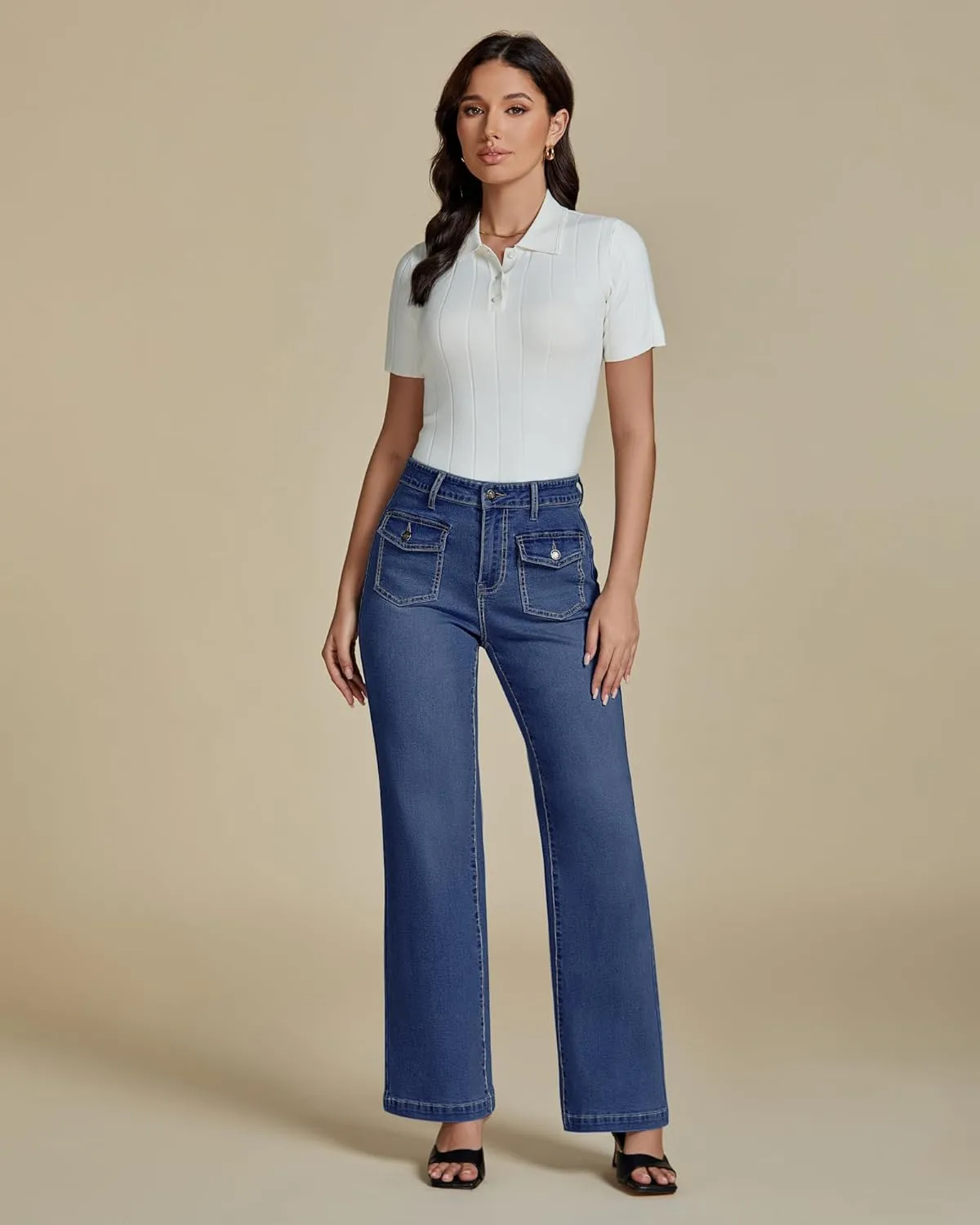 luvamia Wide Leg Jeans Woman High Waisted Trendy Stretchy Denim Work Trouser Jeans with Retro Button Flap Patch Pockets