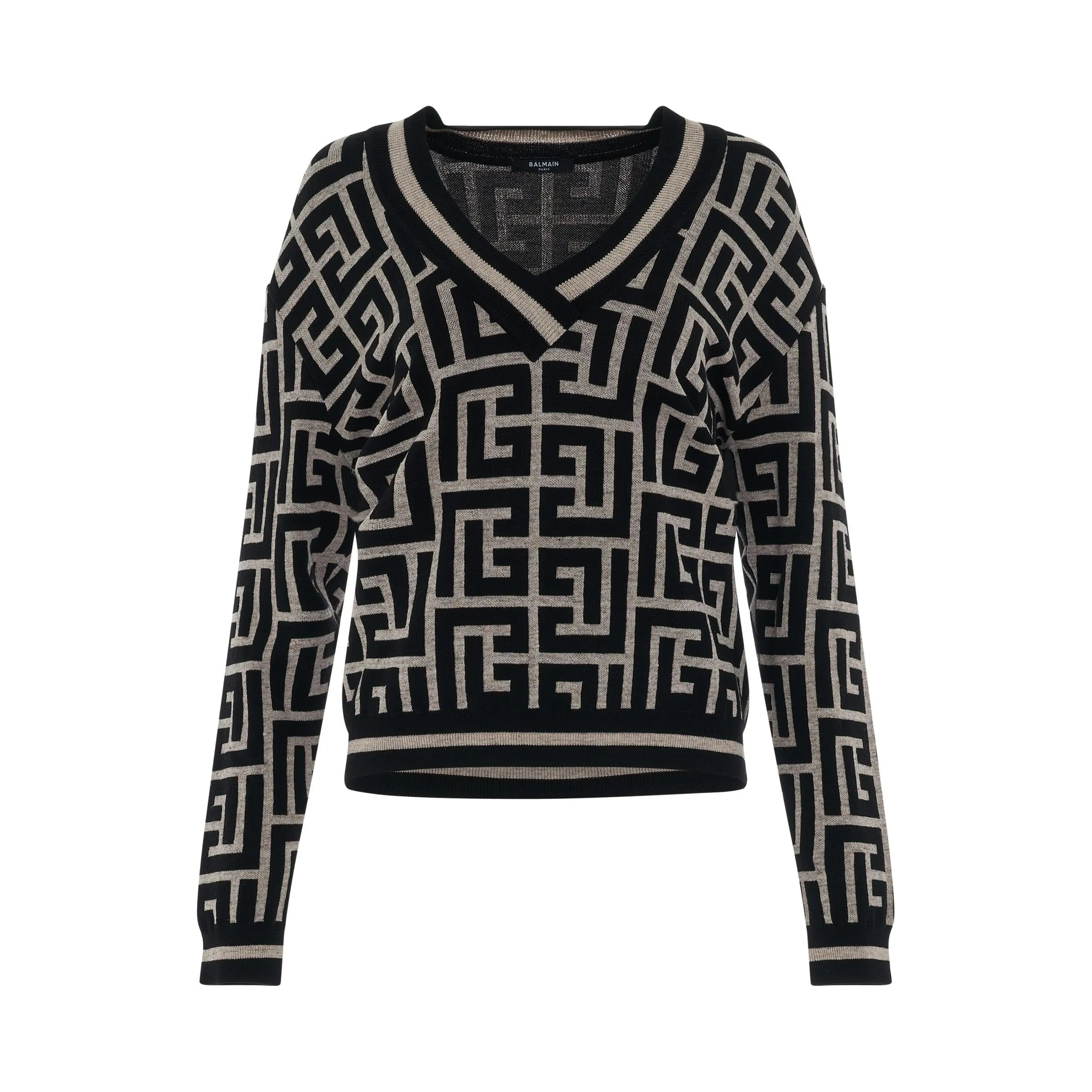 Maxi Monogram V Neck Knit Pullover in Ivory/Black