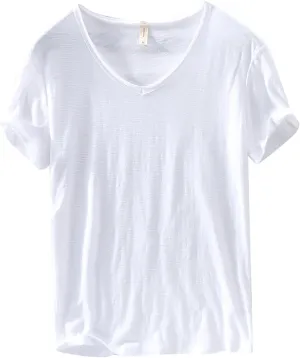 Mens 100% Cotton V-Neck T Shirts Loose Fit Soft Short Sleeve Streetwear Basic Tee Tops Summer Beach Hippie Shirt
