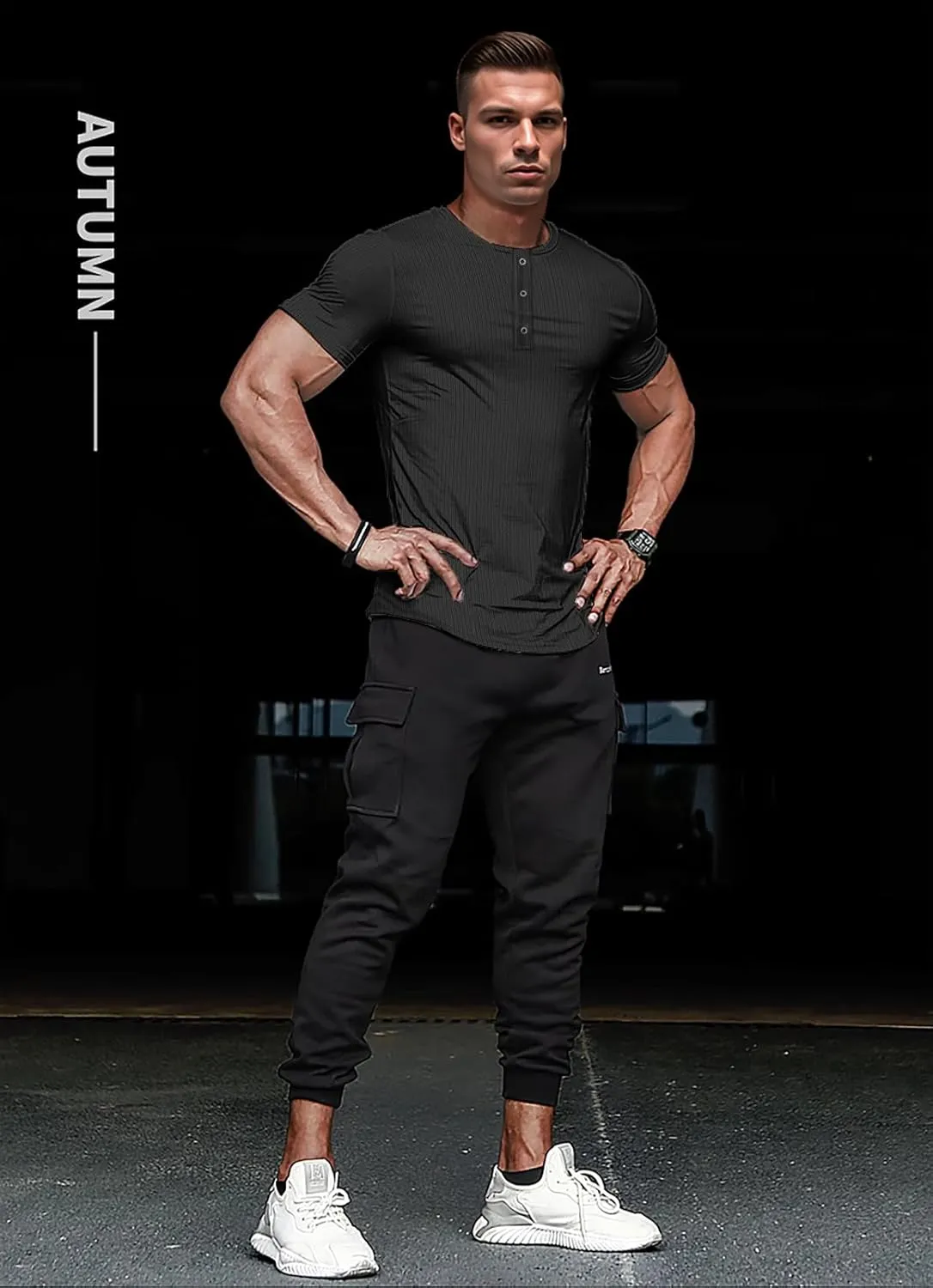 Men's Slim Fit Muscle Henley Shirts Stretch Long & Short Sleeve T-Shirt Bodybuilding Workout Gym Ribbed Knit Shirt