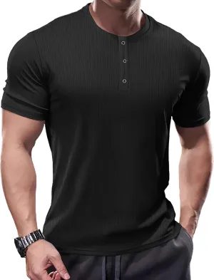 Men's Slim Fit Muscle Henley Shirts Stretch Long & Short Sleeve T-Shirt Bodybuilding Workout Gym Ribbed Knit Shirt