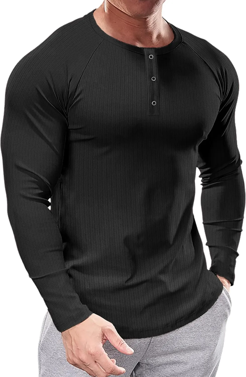 Men's Slim Fit Muscle Henley Shirts Stretch Long & Short Sleeve T-Shirt Bodybuilding Workout Gym Ribbed Knit Shirt