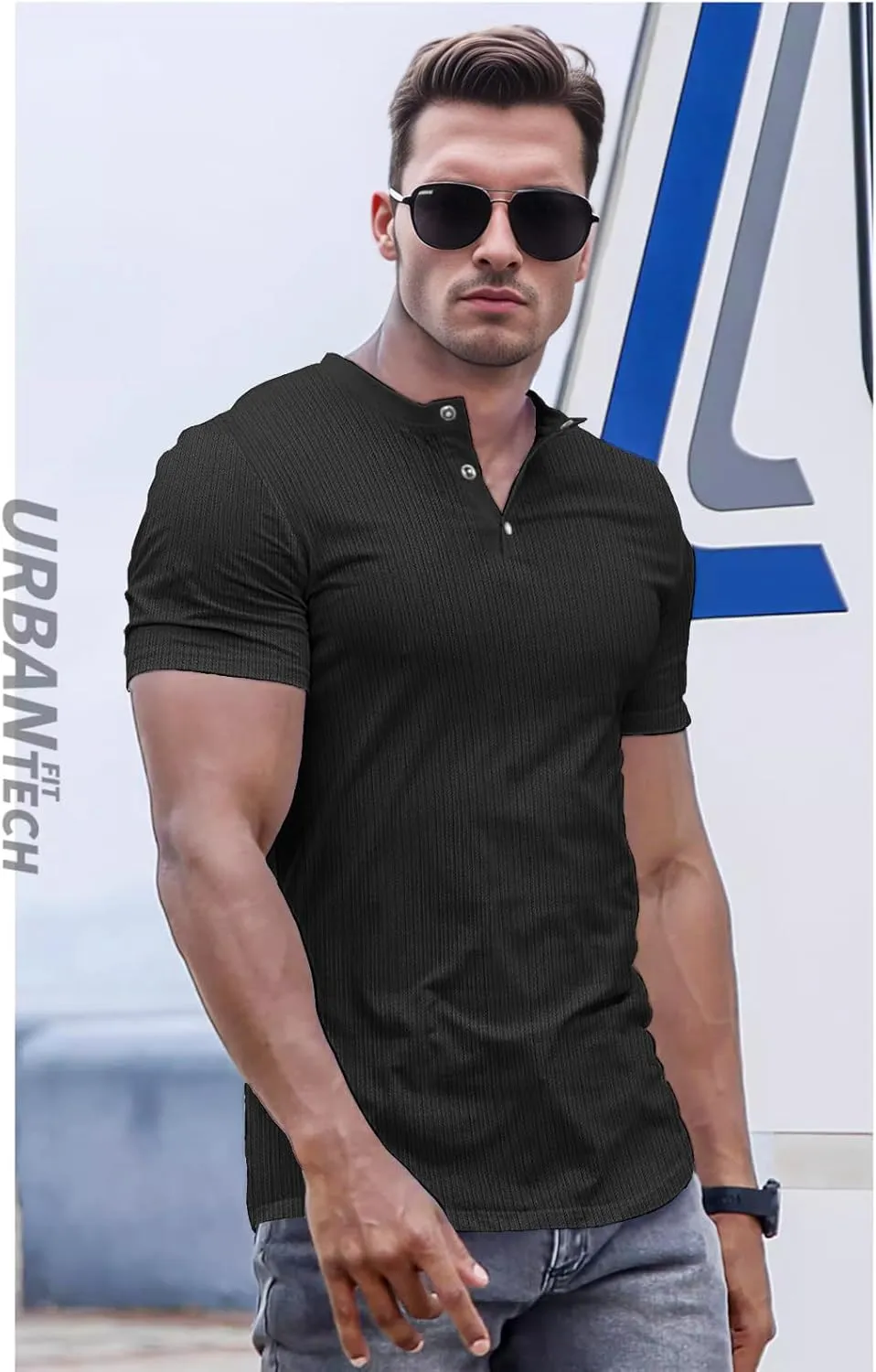 Men's Slim Fit Muscle Henley Shirts Stretch Long & Short Sleeve T-Shirt Bodybuilding Workout Gym Ribbed Knit Shirt
