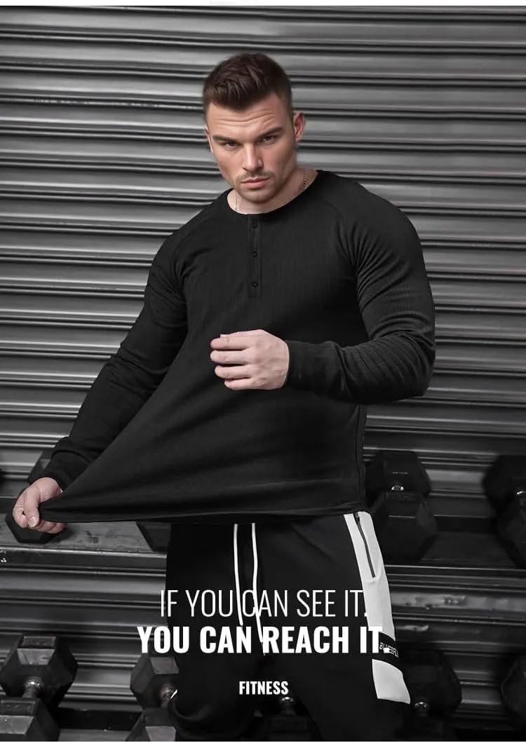 Men's Slim Fit Muscle Henley Shirts Stretch Long & Short Sleeve T-Shirt Bodybuilding Workout Gym Ribbed Knit Shirt